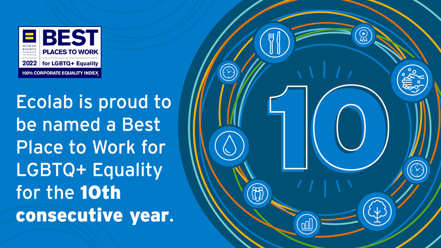 Number 10 surrounded by Ecolab pillar icons and award logo